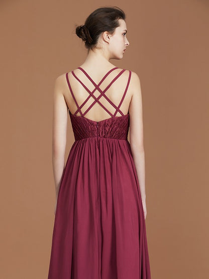 A-Line/Princess Lace Sweetheart Chiffon Ruched Floor-Length Bridesmaid Dresses