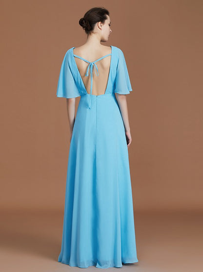 A-Line/Princess V-neck 1/2 Sleeves Floor-Length Chiffon Bridesmaid Dresses