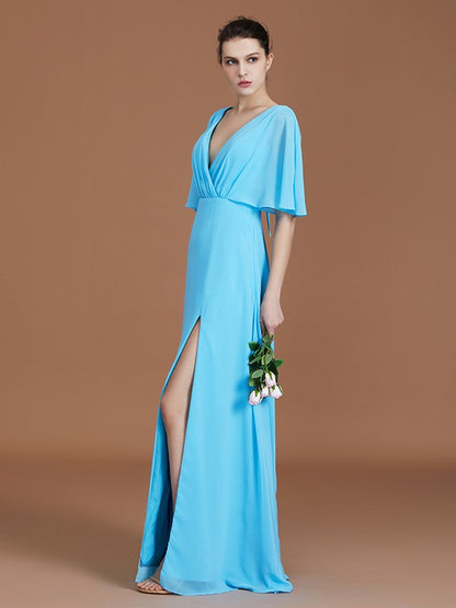 A-Line/Princess V-neck 1/2 Sleeves Floor-Length Chiffon Bridesmaid Dresses