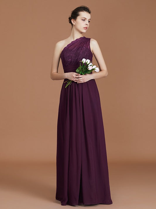 A-line/Princess One-Shoulder Lace Chiffon Sleeveless Floor-Length Bridesmaid Dresses