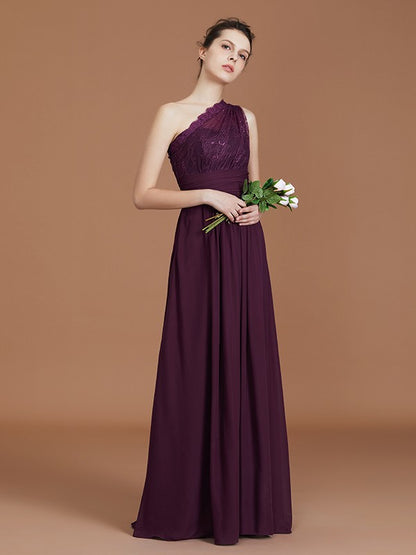 A-line/Princess One-Shoulder Lace Chiffon Sleeveless Floor-Length Bridesmaid Dresses