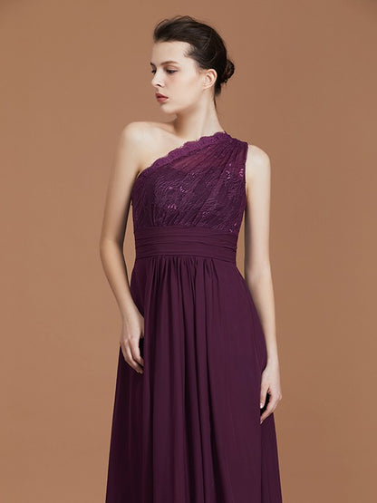 A-line/Princess One-Shoulder Lace Chiffon Sleeveless Floor-Length Bridesmaid Dresses