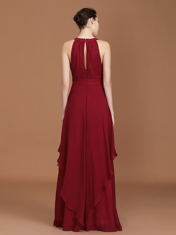 A-Line/Princess Straps Chiffon Ruched Floor-Length Sleeveless Bridesmaid Dresses