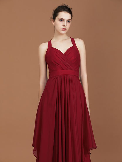 A-Line/Princess Straps Chiffon Ruched Floor-Length Sleeveless Bridesmaid Dresses