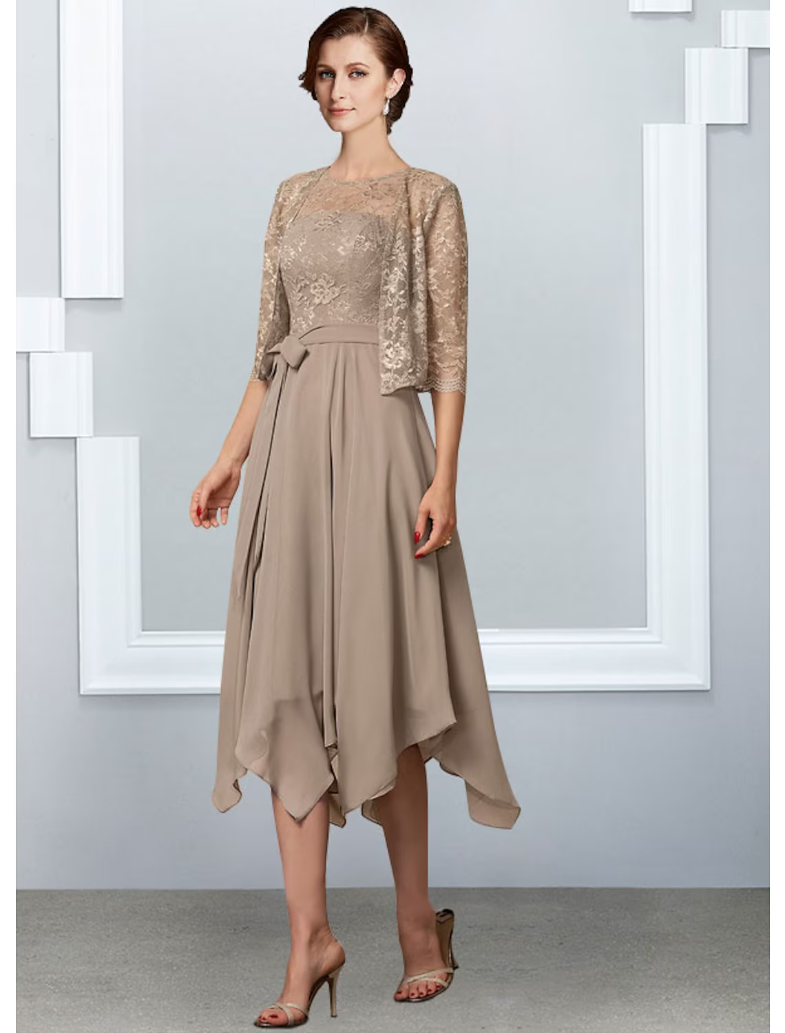 A-Line Mother of the Bride Dress Elegant Chiffon Lace Half Sleeve with
