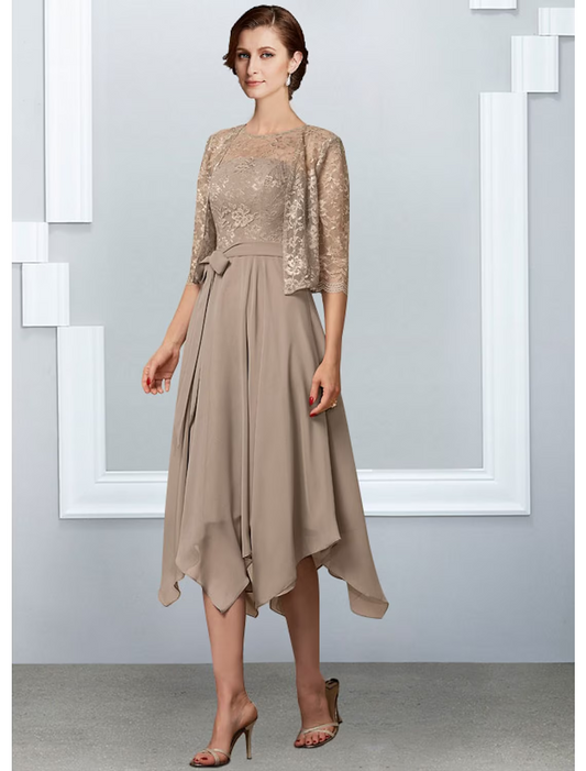 A-Line Mother of the Bride Dress Elegant Chiffon Lace Half Sleeve with Pleats