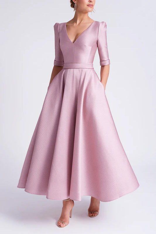 Unique satin A-line V-neck half sleeve pocket mother of the bride dress