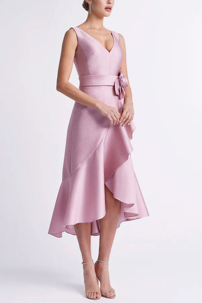 Unique satin A-line V-neck sleeveless ruffled edge mother of the bride dress