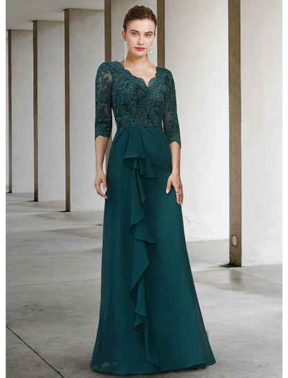 A-Line Mother of the Bride Dress Elegant V Neck Floor Length Chiffon Lace Half Sleeve with Draping Appliques