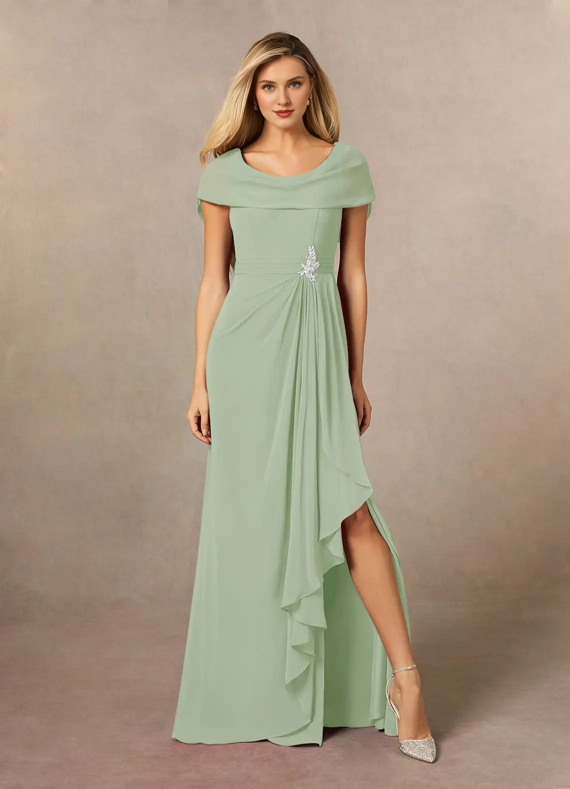 A-line side slit chiffon and floor length mother of the bride dress