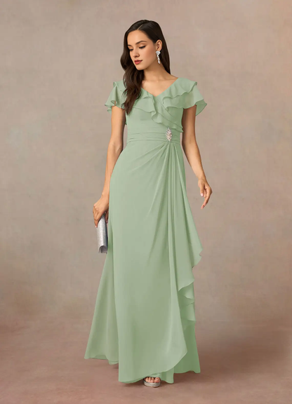 A-link V-neck pleated chiffon and floor length mother of bride dress