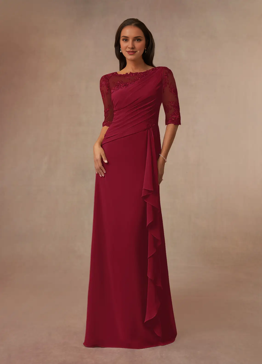 A-line boat collar lace chiffon and floor length mother of the bride dress