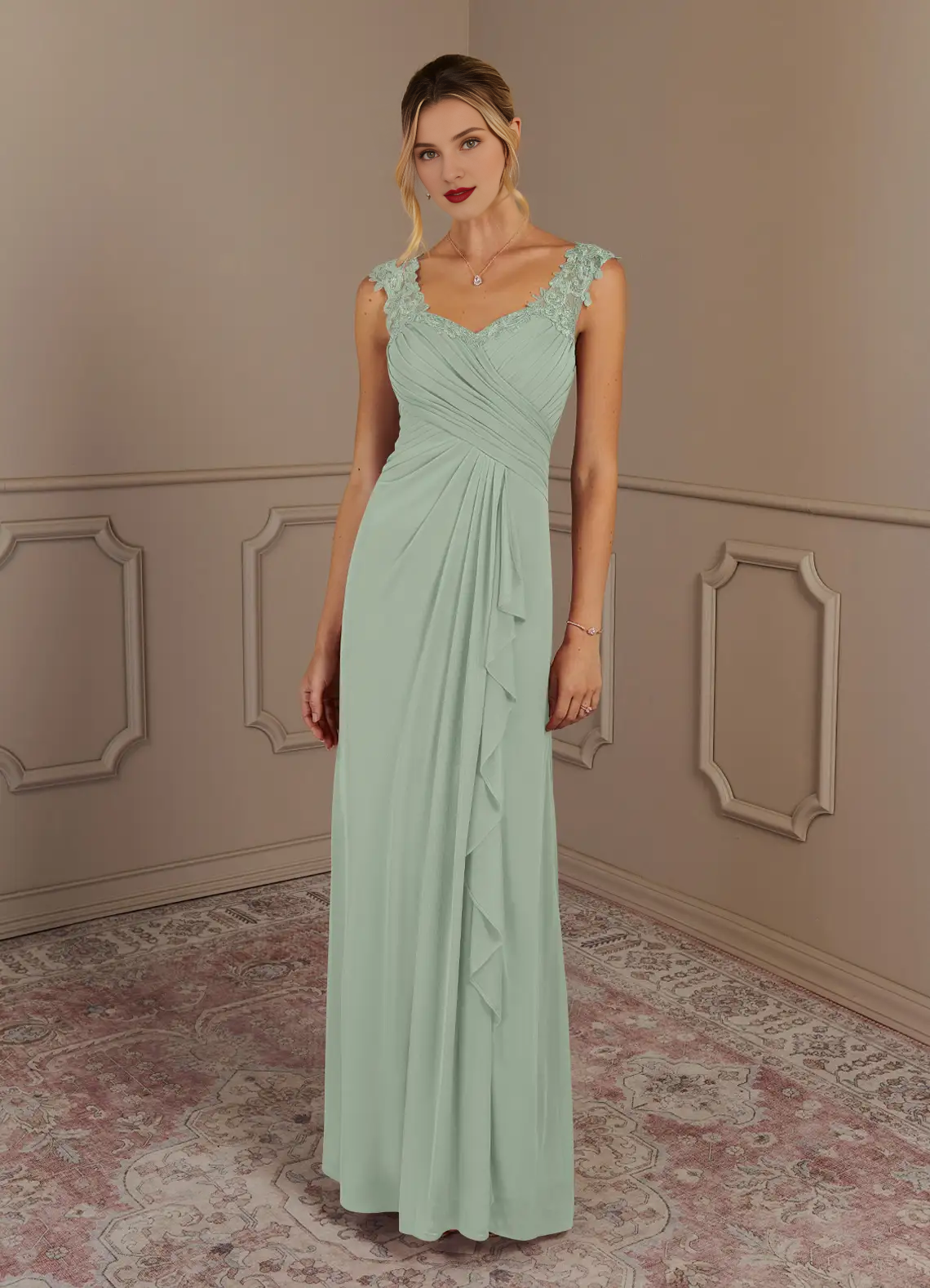 A-shaped heart-shaped collar pleated mesh fabric and floor length mother of bride dress