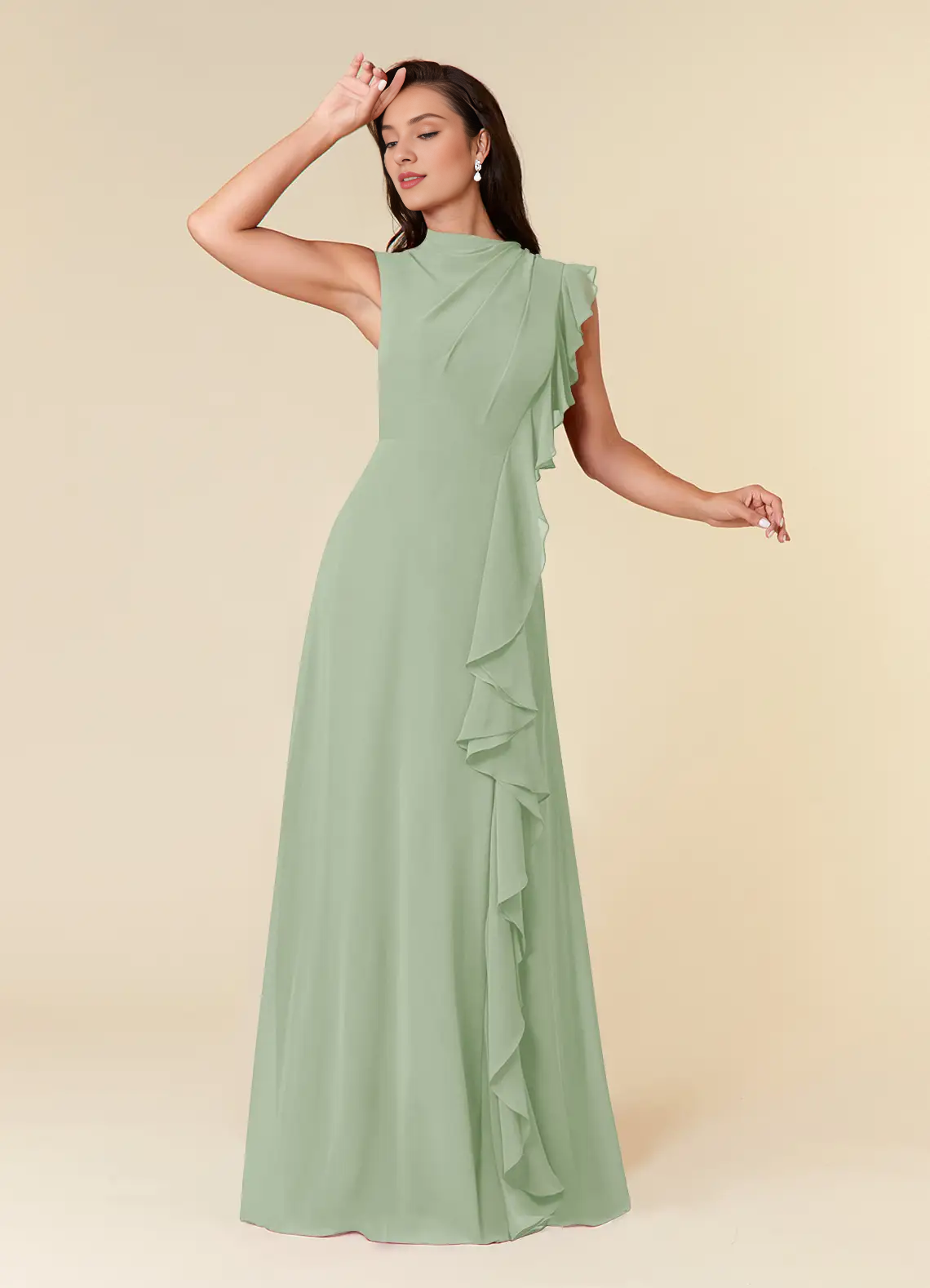 A-line high neck pleated chiffon and floor length mother of bride dress