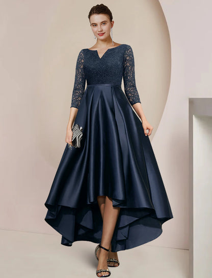A-Line Mother of the Bride Dress Formal Wedding Guest Elegant High Low Scoop Neck Asymmetrical Tea Length Satin Lace 3/4 Length Sleeve with Pleats Beading