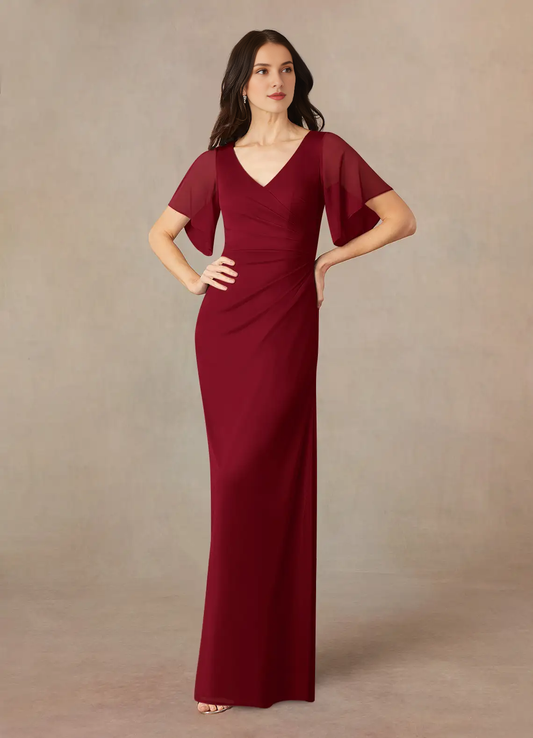 A-line V-neck pleated mesh and floor length mother of the bride dress