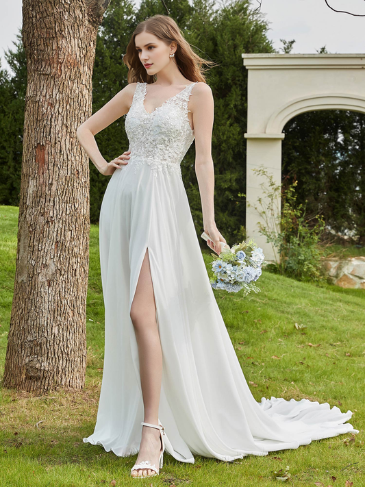 Lace V-neck slit chiffon wedding dress