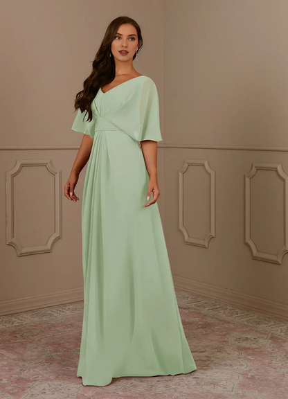 A-line V-neck pleated chiffon and floor length mother of bride dress