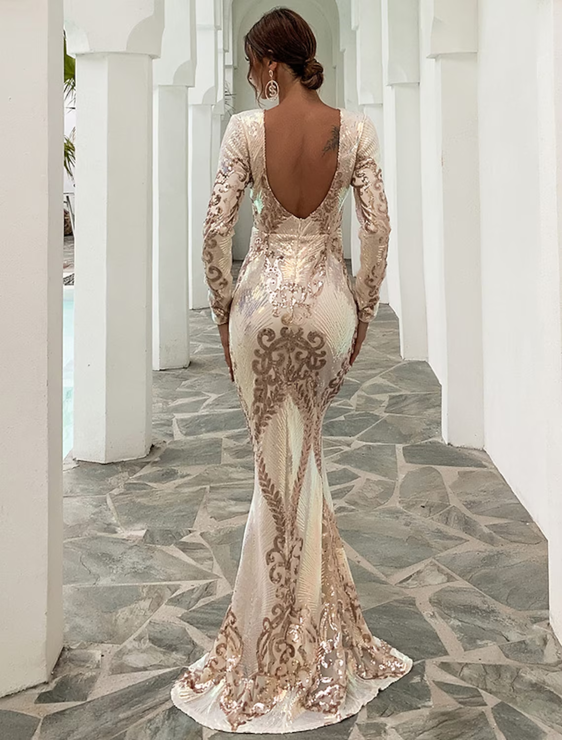 Evening Gown Sexy Dress Formal Long Sleeve Polyester Backless with Sequin