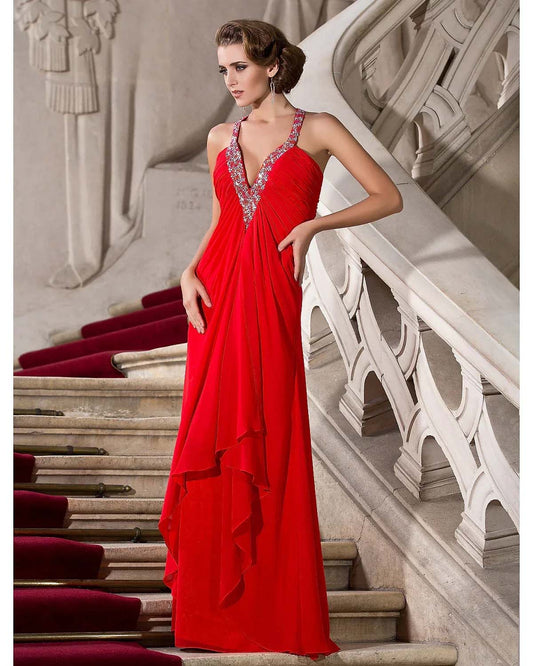 Dress Formal Evening Floor Length Sleeveless Plunging Neck Chiffon with Beadin