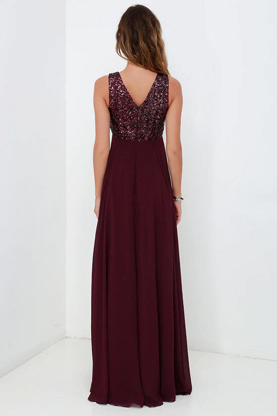 Burgundy A Line Floor Length Deep V Neck Sleeveless Bridesmaid Dresses Wedding Party Dresses