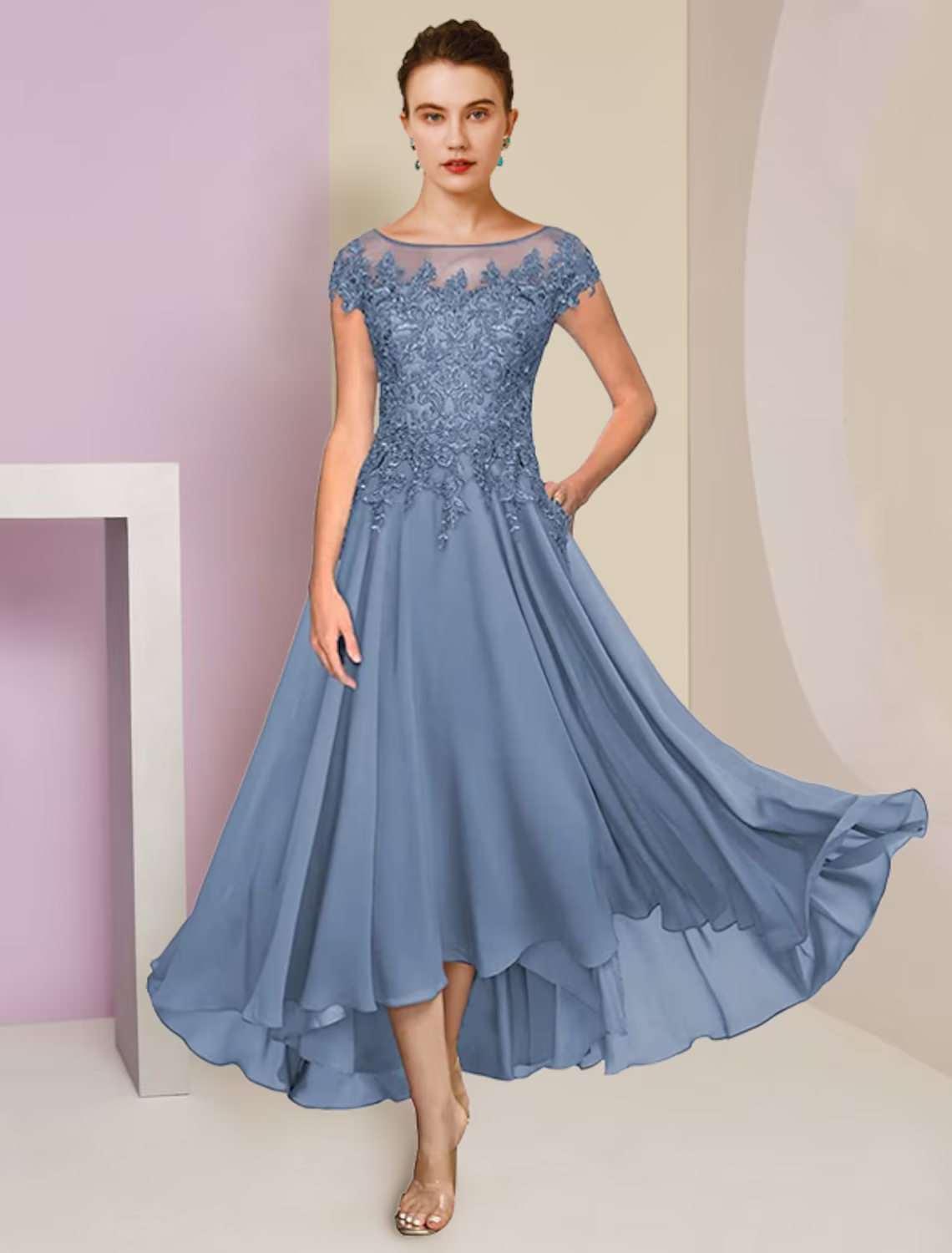 Two Piece A-Line Mother of the Bride Dress Formal Wedding Guest Elegant High Low Scoop Neck Asymmetrical Chiffon Lace Short Sleeve Wrap Included with Sequin Appliques