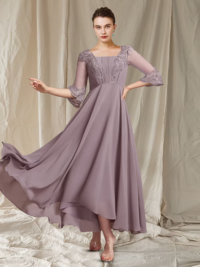 Mother of the Bride Dress Elegant High Low Square Neck Asymmetrical Ankle Length Chiffon Lace Sleeve with Pleats Appliques
