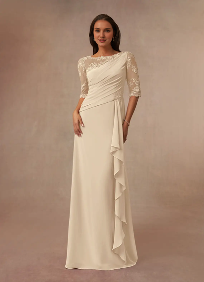 A-line boat collar lace chiffon and floor length mother of the bride dress