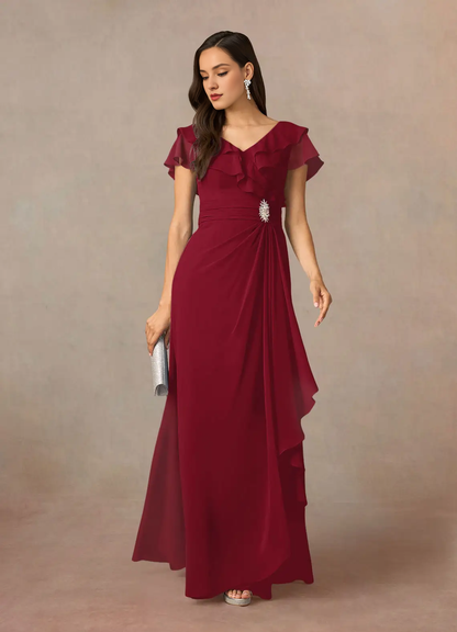 A-link V-neck pleated chiffon and floor length mother of bride dress