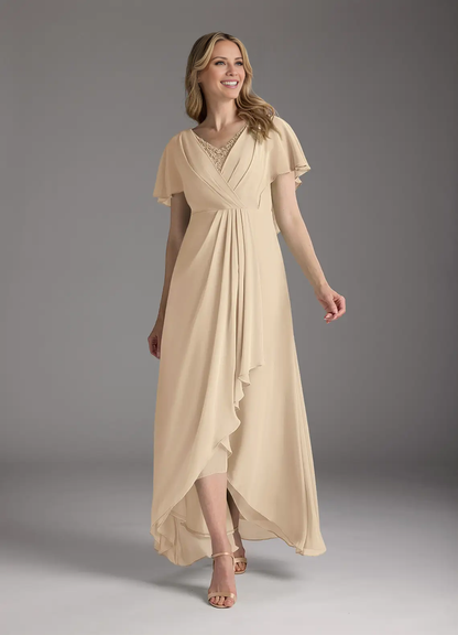 A-line V-neck pleated chiffon and floor length mothers of the bride dresses