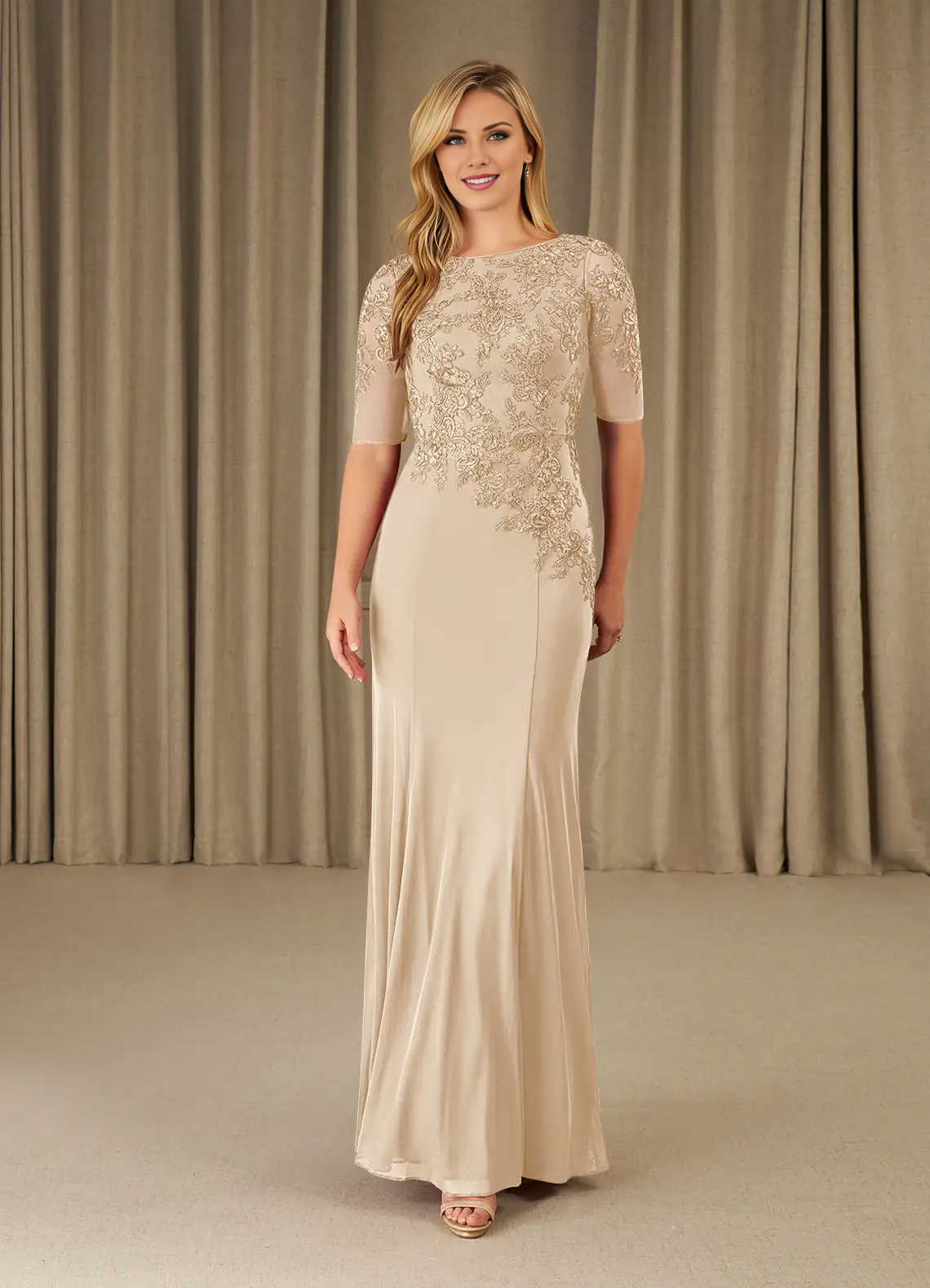 Tail lace backless half sleeved and floor length mothers of the bride dresses