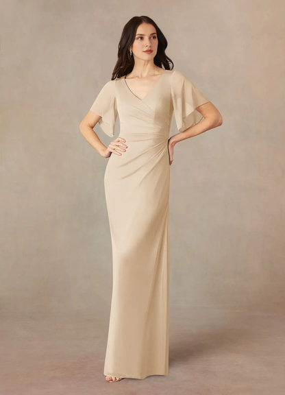 A-line V-neck pleated mesh and floor length mother of the bride dress