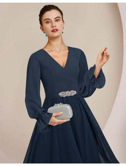 A-Line Mother of the Bride Dress Formal Wedding Guest Elegant High Low Scoop Neck V Neck Asymmetrical Tea Length Chiffon Long Sleeve with Crystal Brooch