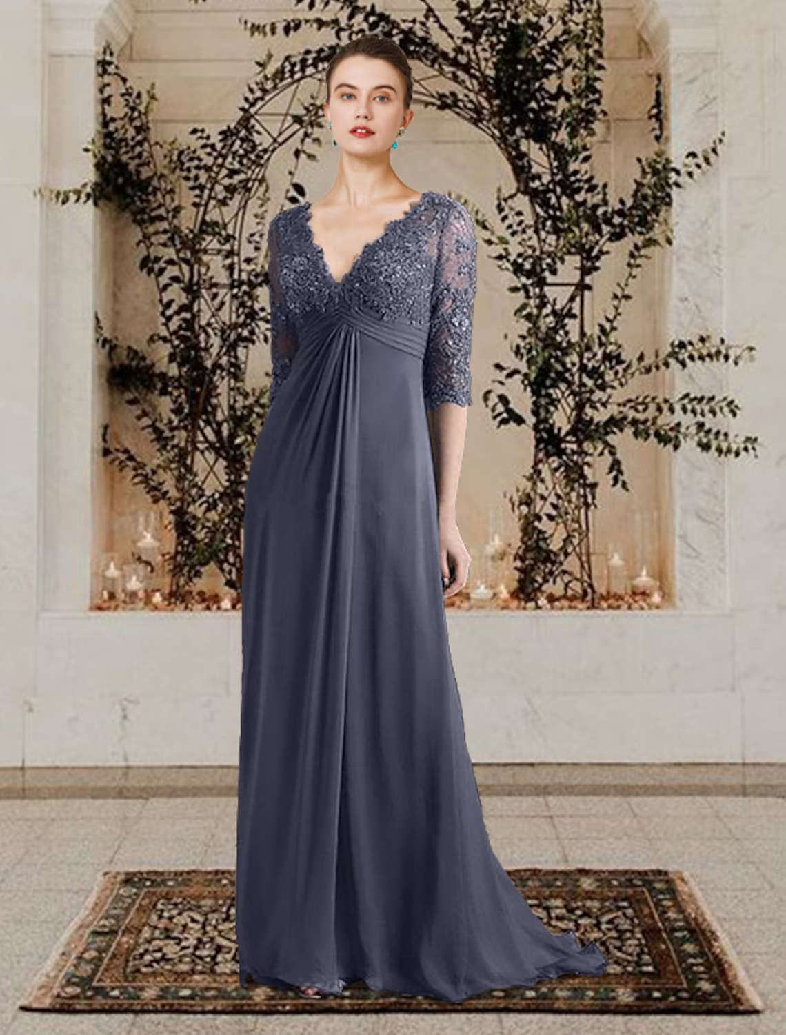 A-Line Mother of the Bride Dress Elegant V Neck Chiffon Lace Half Sleeve with Appliques