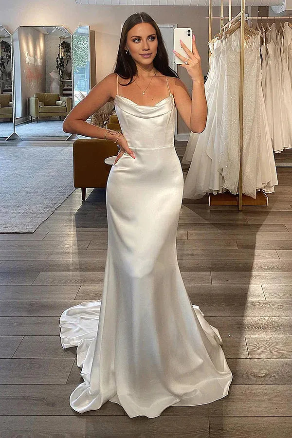 Thin shoulder strap satin pleated minimalist fishtail wedding dress