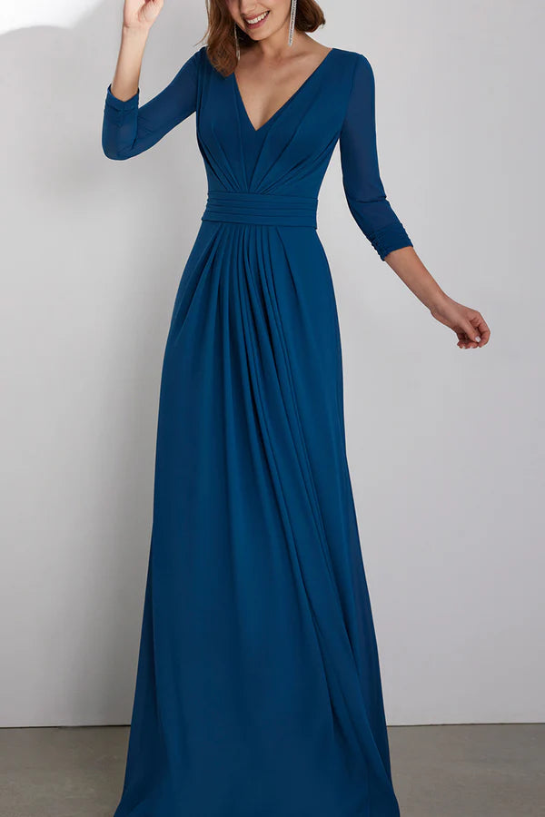 V-neck 3/4 sleeve A-line pleated train tailcoat mother of the bride dress