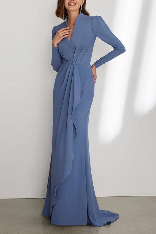 Elegant and luxurious V-neck long sleeved pleats with ruffled edges mother of the bride dress