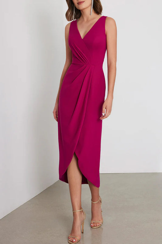 Unique modern V-neck sleeveless empire pleated fit mother of the bride dress