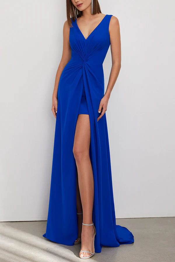 Minimalist casual A-line V-neck sleeveless side slit mother of the bride dress