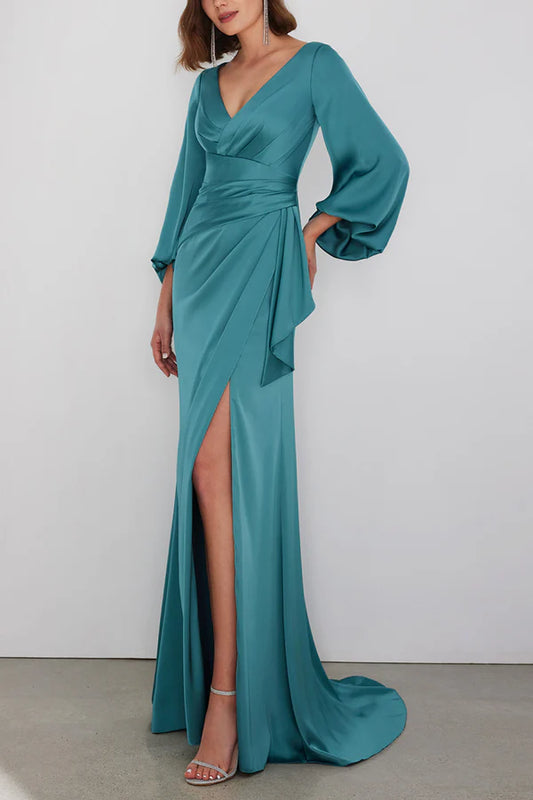 Leisure speaker V-neck long sleeved side slit formal mother of the bride dress