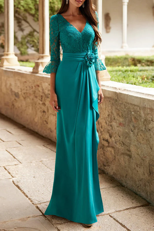 Elegant and luxurious V-neck 3/4 sleeve waistband mother of the bride dress