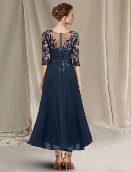 A-Line Mother of the Bride Dress Elegant Sparkle Shine High Low V Neck Asymmetrical Chiffon Lace Half Sleeve with Sequin Ruffles Appliques