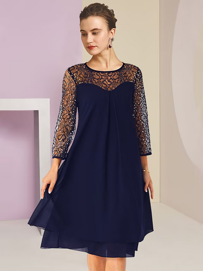 A-Line Mother of the Bride Dress Formal Wedding Guest Elegant Scoop Neck Knee Length Lace Sleeve with Sequin