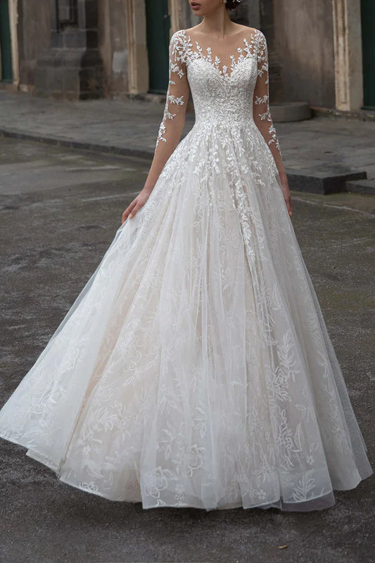 A-line neckline lace long sleeved wedding dress