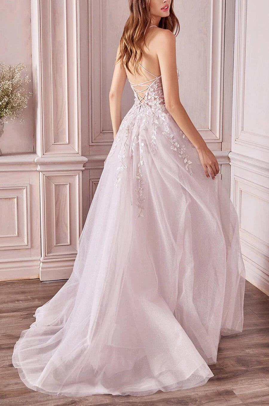 A-Line/Princess Sleeveless V-Neck Floor-Length Applique Tulle Prom Dresses