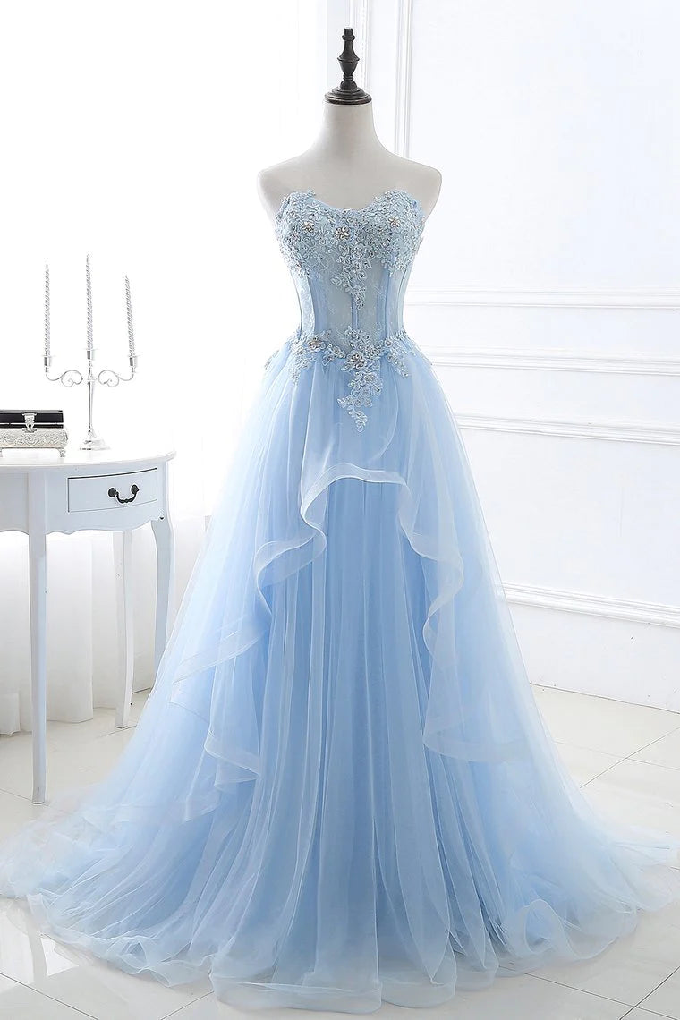 A Line Prom Dresses Sweetheart Tulle With Applique Sweep Train