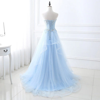 A Line Prom Dresses Sweetheart Tulle With Applique Sweep Train