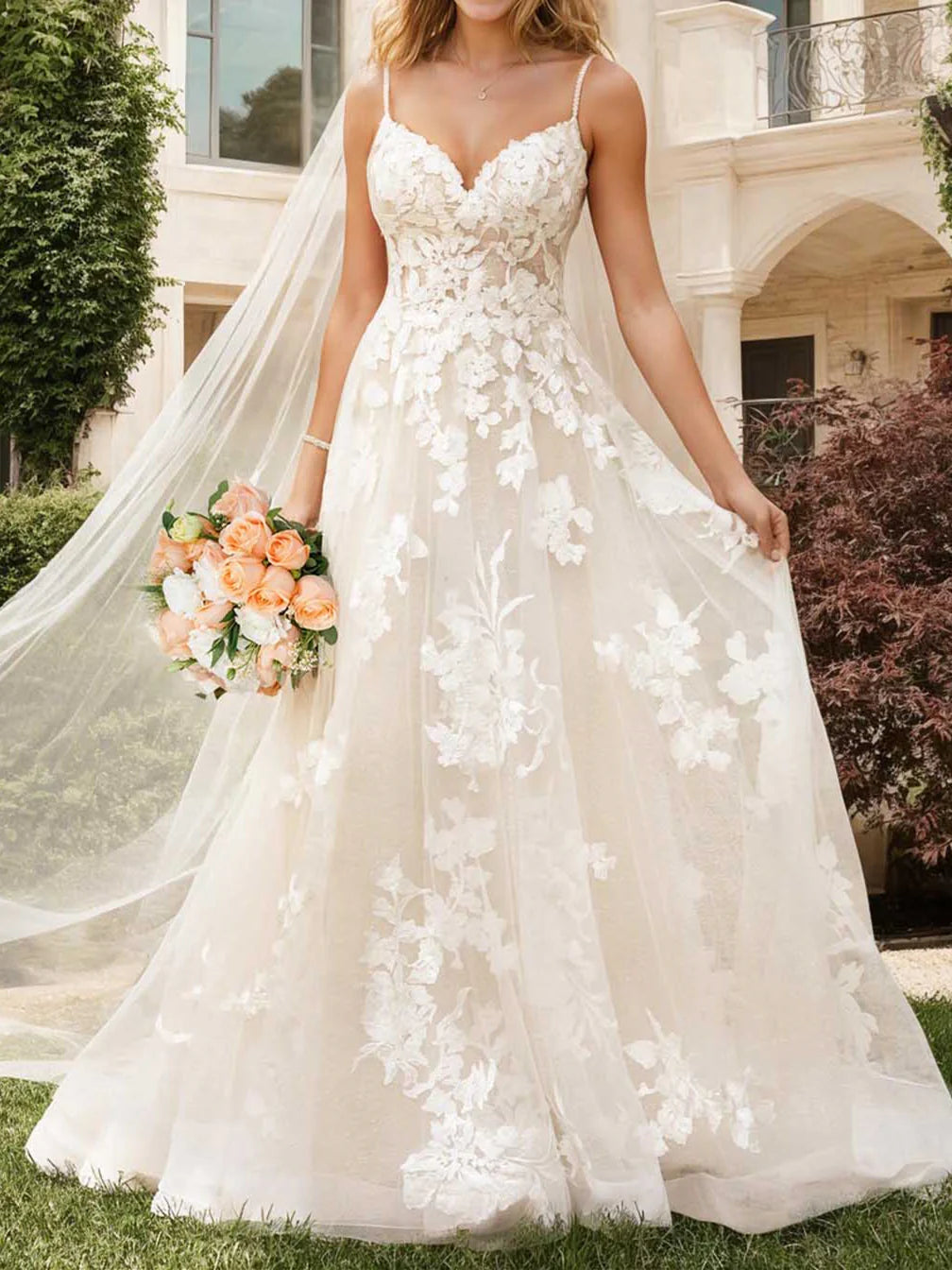 A-line/Princess V-neck and floor wedding dress