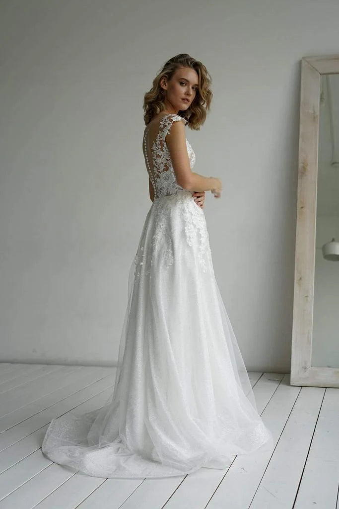 Noble A-line elegant and sparkling fabric sweet and ground length wedding dress