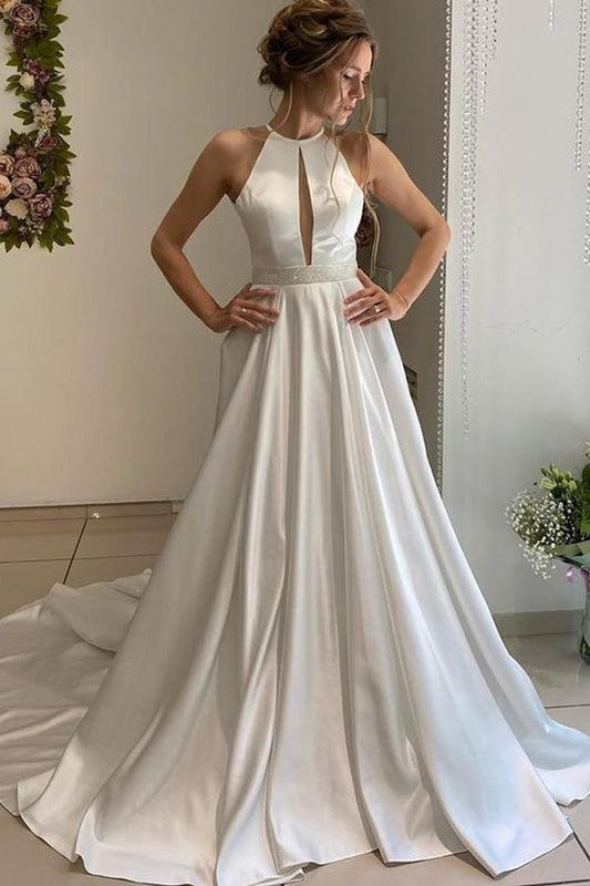 Elegant one line collar backless long satin beaded strap and floor length wedding dress